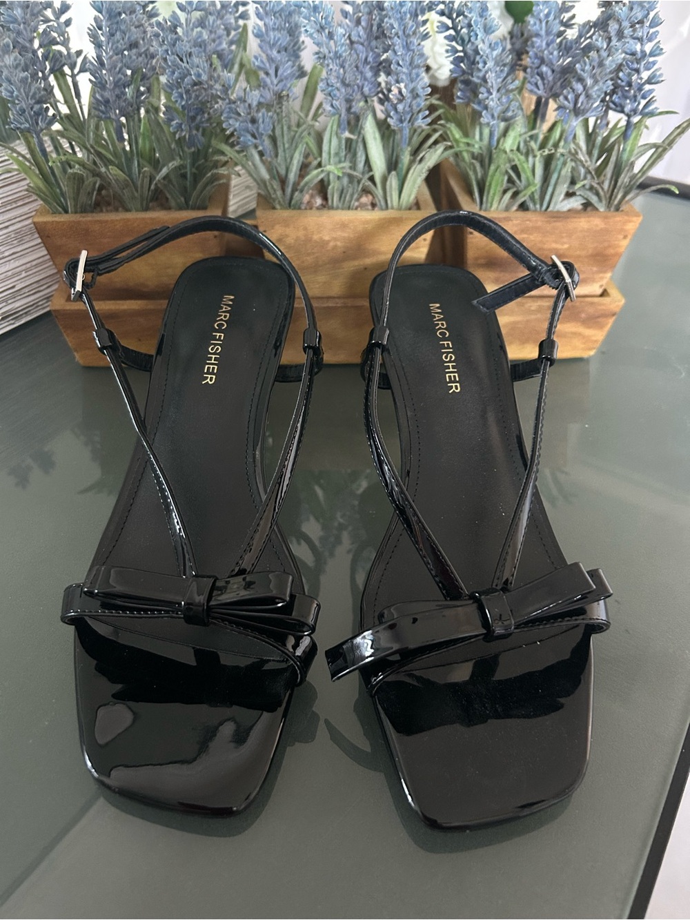 Marc Fisher Black Patent Bow-Strap Sandals